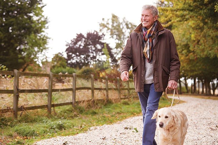 man walking dog